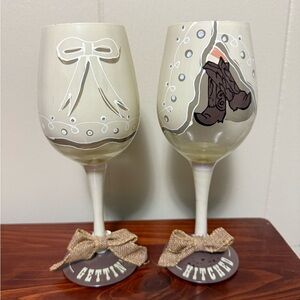 Gettin’ Hitched set of 2 Wine Glasses Wedding Gift Cowboy Boots Country Girl